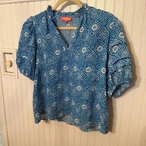 THML Puff Sleeve Textured Print Blue Blouse XS
